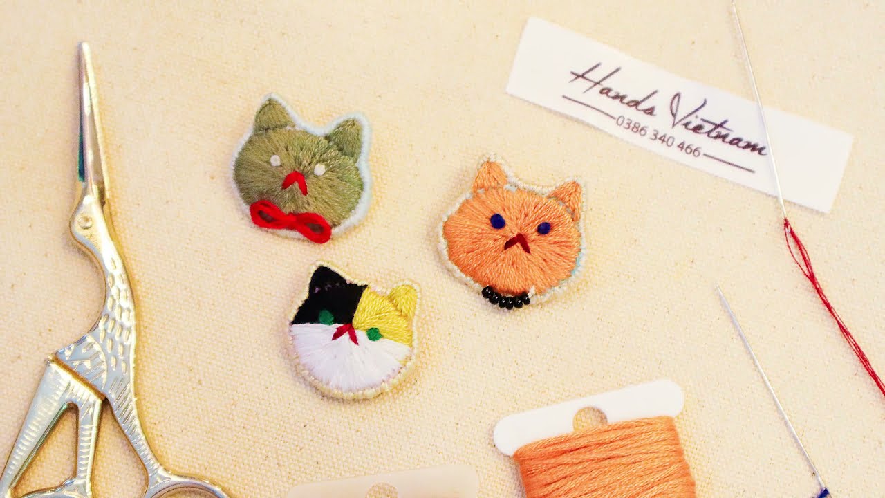 DIY cat brooch hand embroidery for beginner | Thêu ghim cài áo đầu mèo