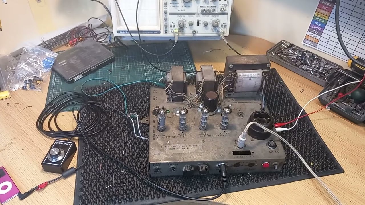 wurlitzer german lyric jukebox amplifier on the bench after repairs.
