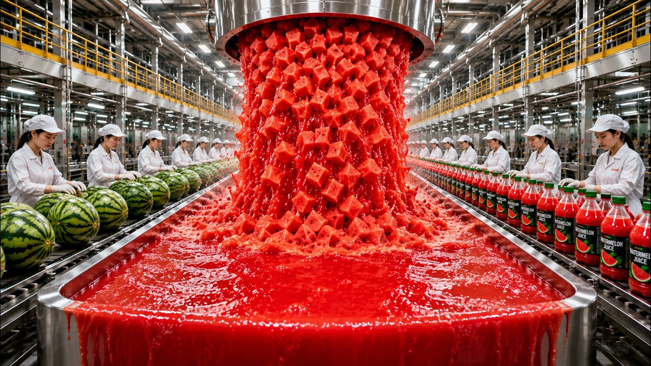 Inside the modern watermelon juice factory high tech harvesting processing (full process)