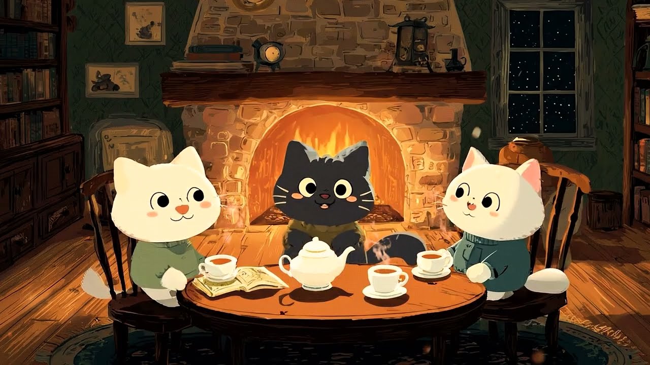 Cute Cats' Relaxing Tea Party | Soft Piano Music & Crackling Fire for Deep Focus, Relaxation, Chill