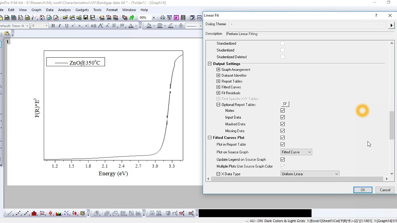 Originlab 9: Linear Fit of a curve that intersect with X axis