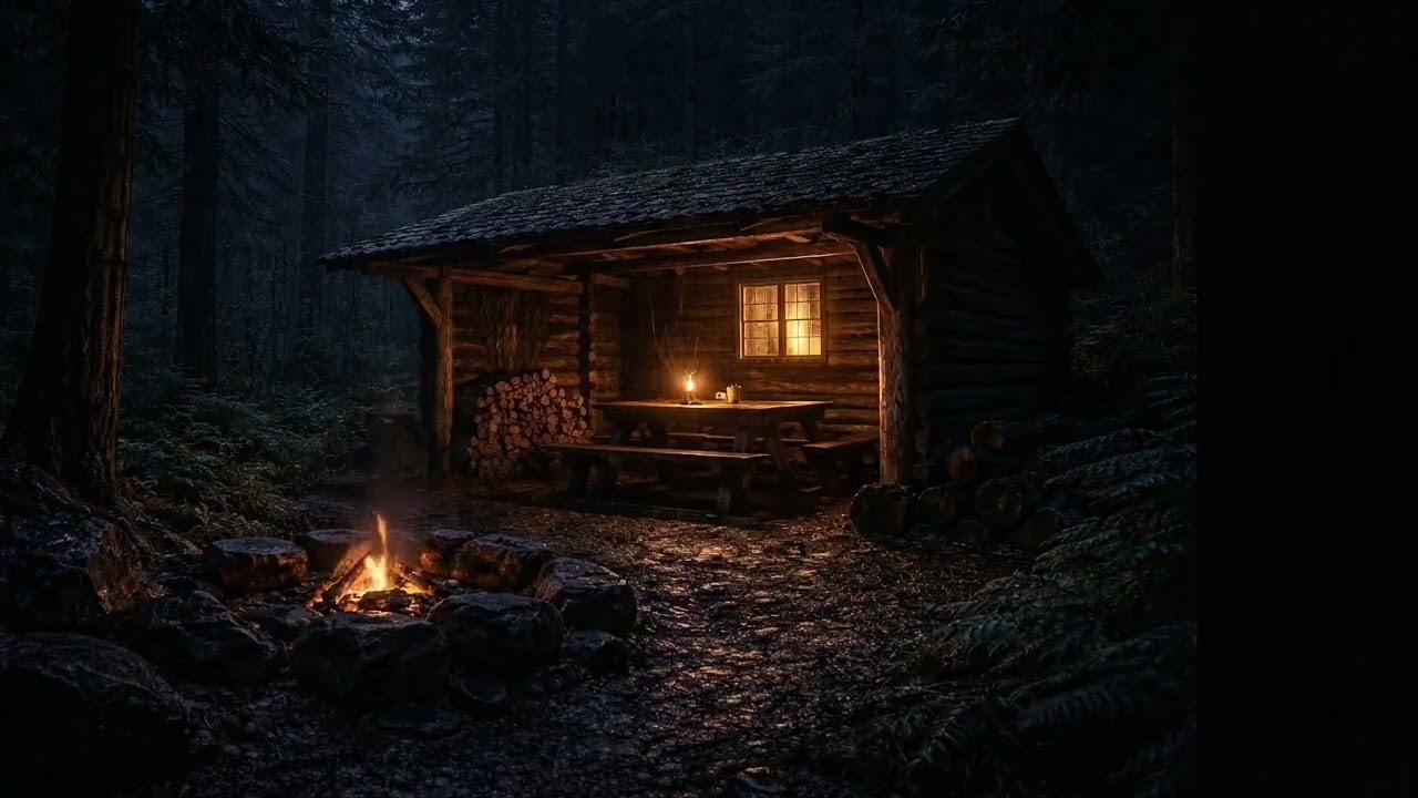 Campfire in the Rain at a Forest Cabin | Relaxing Rain & Fire Sounds (4 Hours)