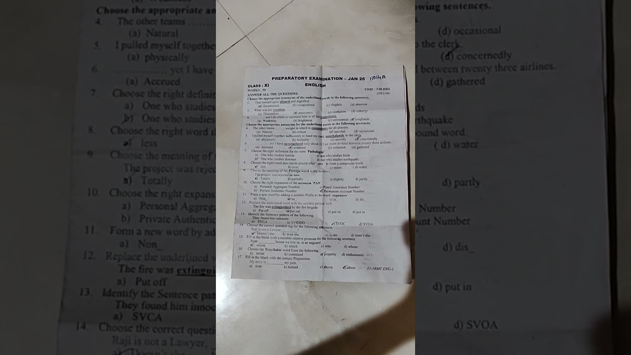 11 std English revision question paper 2026