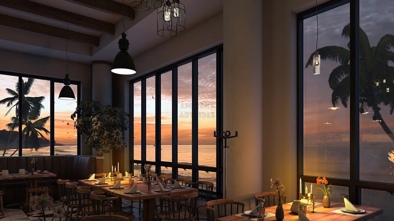 Romantic beach restaurant with sunset view (4K UltraHD)