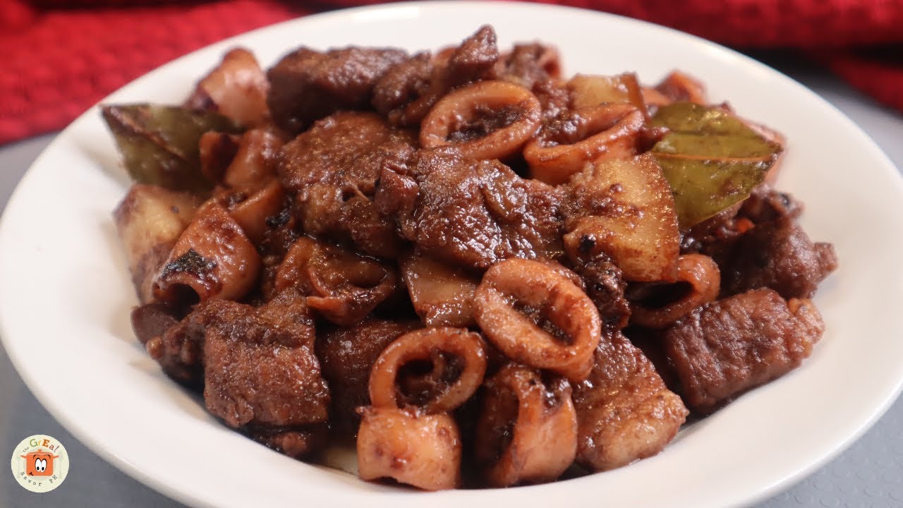 Adobong Baboy with Pusit | Adobong PUSIT with PORK BELLY