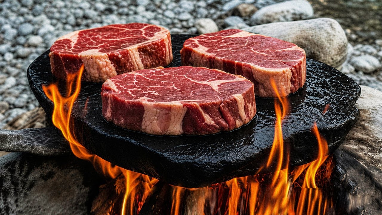 🔥ASMR Sizzling Steak on a Hot River Stone | Relaxing Forest Cooking