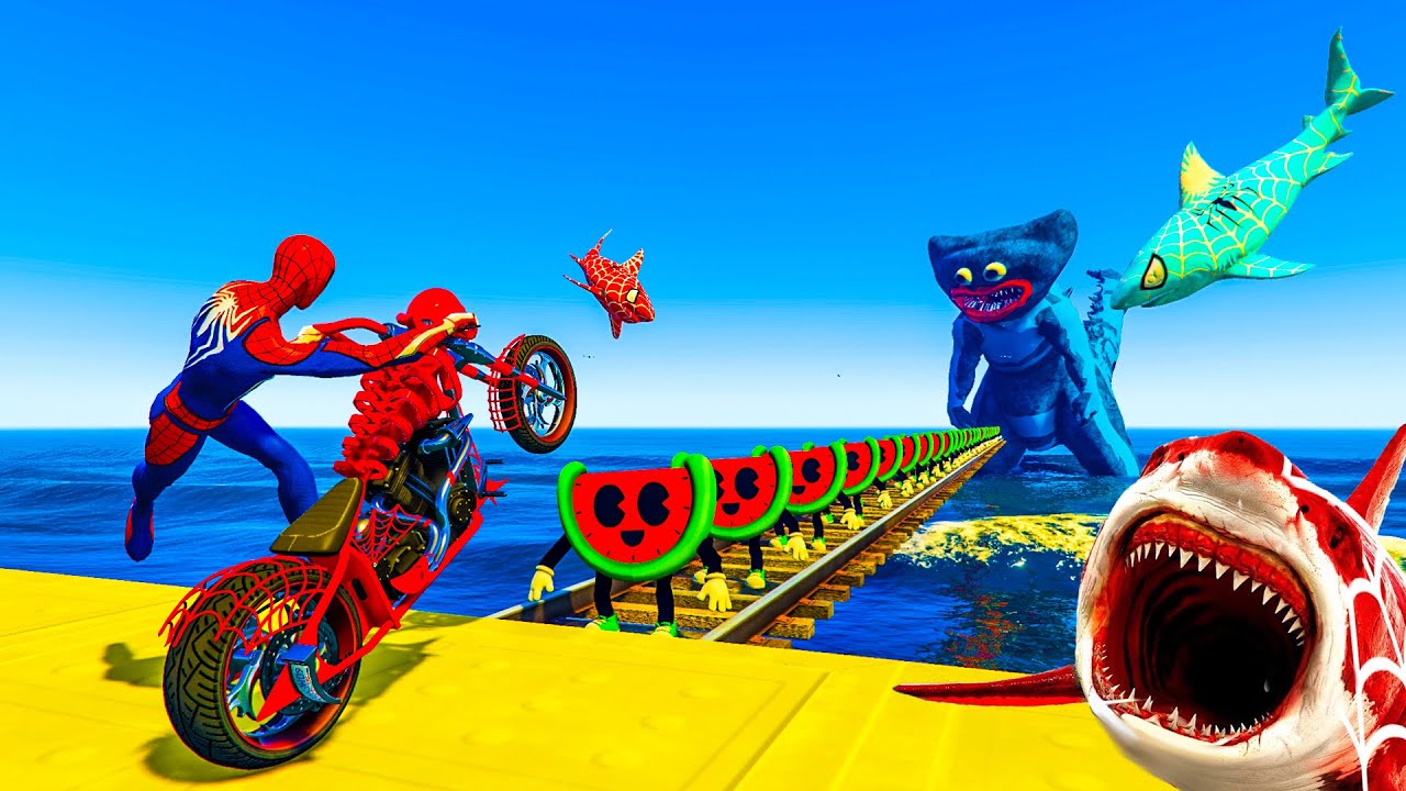 GTA V. Cazy Racing With Spiderman VS Shark With Friends. CHallenge Map With Travor's Hero