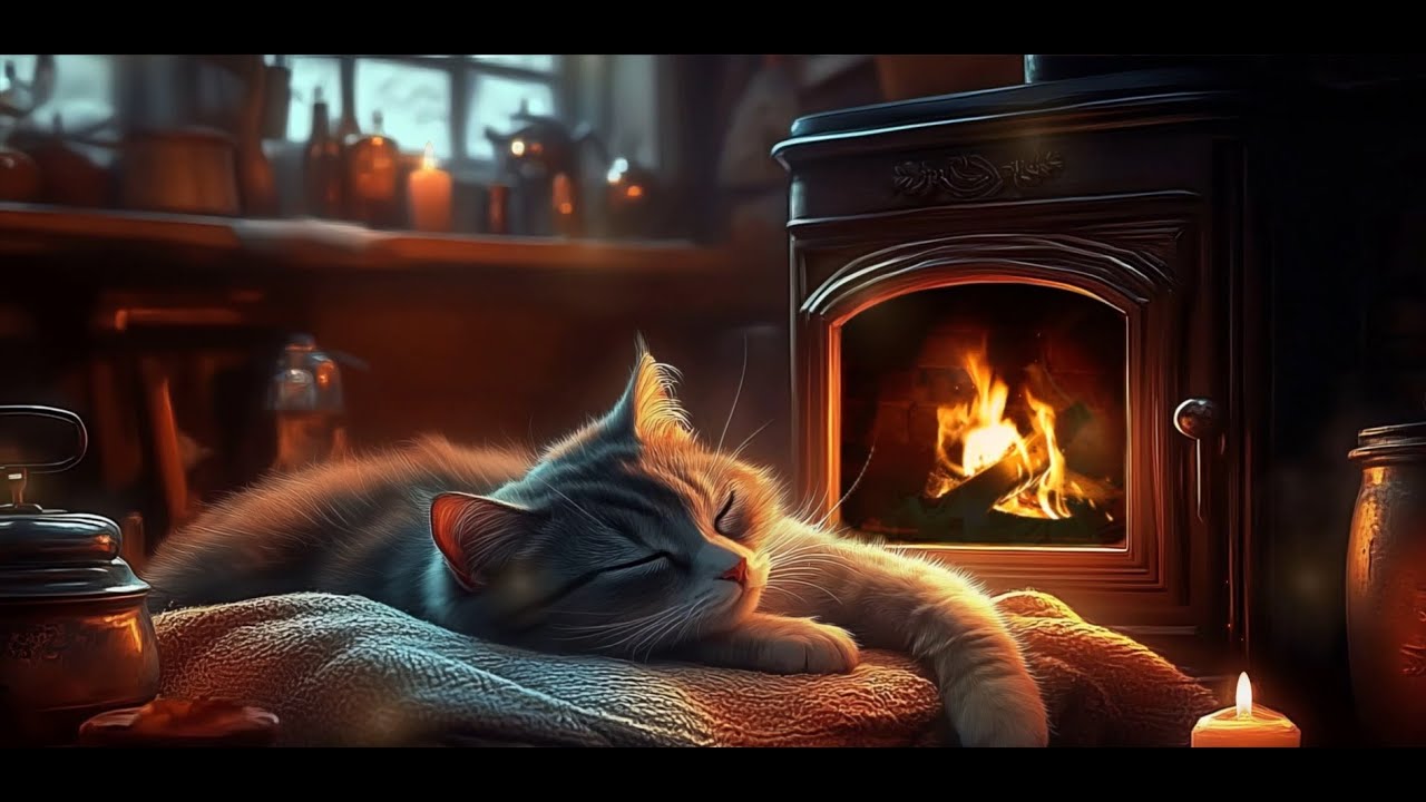 2 Hours Cozy Fireplace with Sleeping Cat 🐱🔥 | Warm Winter Ambience for Deep Sleep