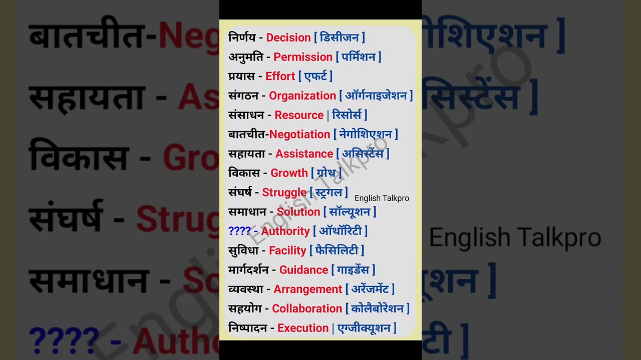 some important words of english with hindi meaning | #spokenenglish #vocabulary #english #basicwords