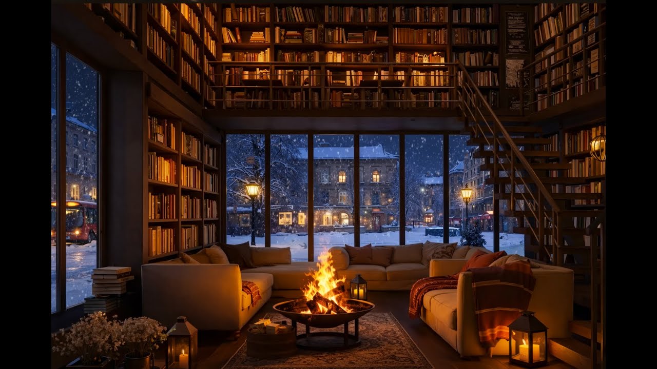 Work & Study in a Cozy Winter Bookstore ❄️ Fireplace Ambience Snowfall Sounds for Focus & Relaxation