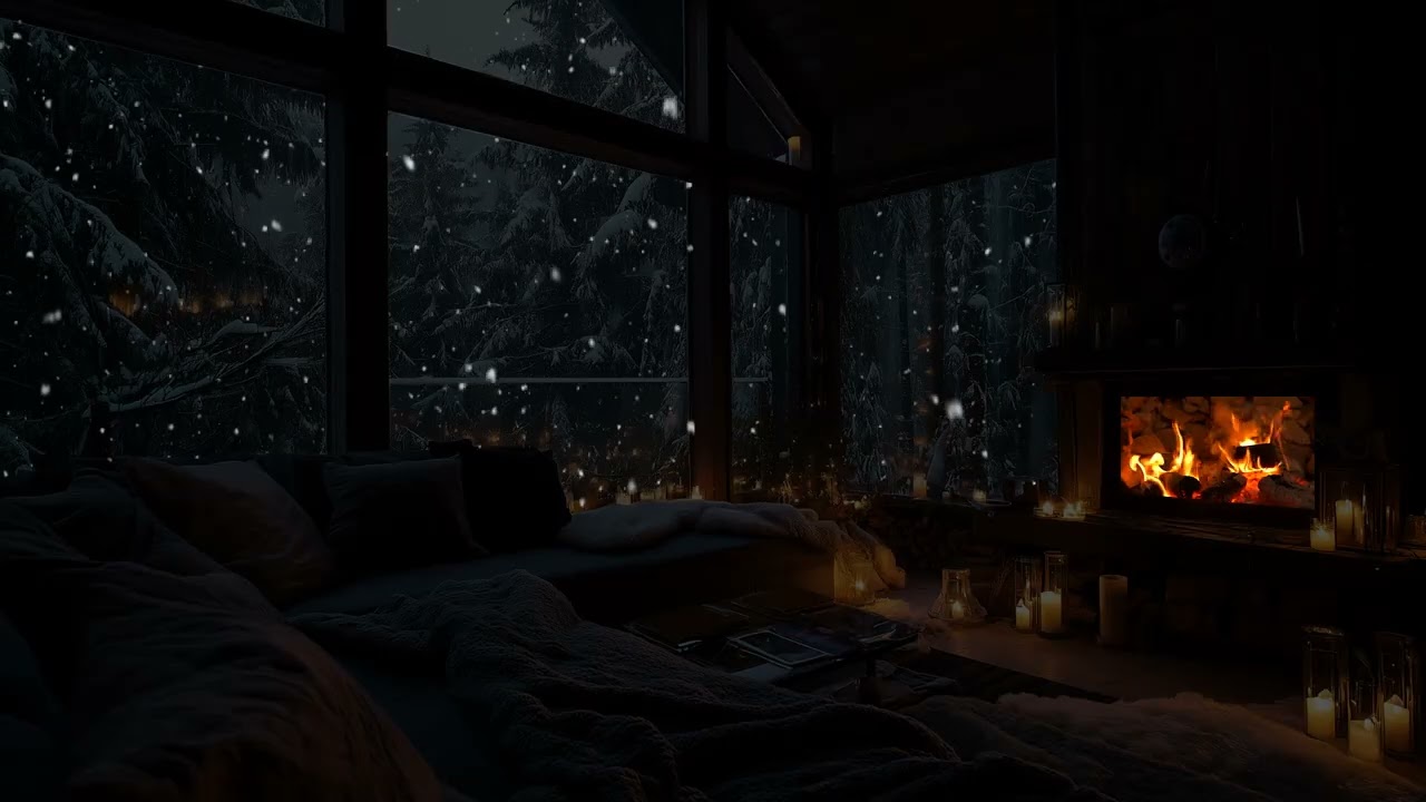 Winter Tranquility ❄️ Warm Fireplace Glow & Falling Snow | Relax, Calm & Sleep