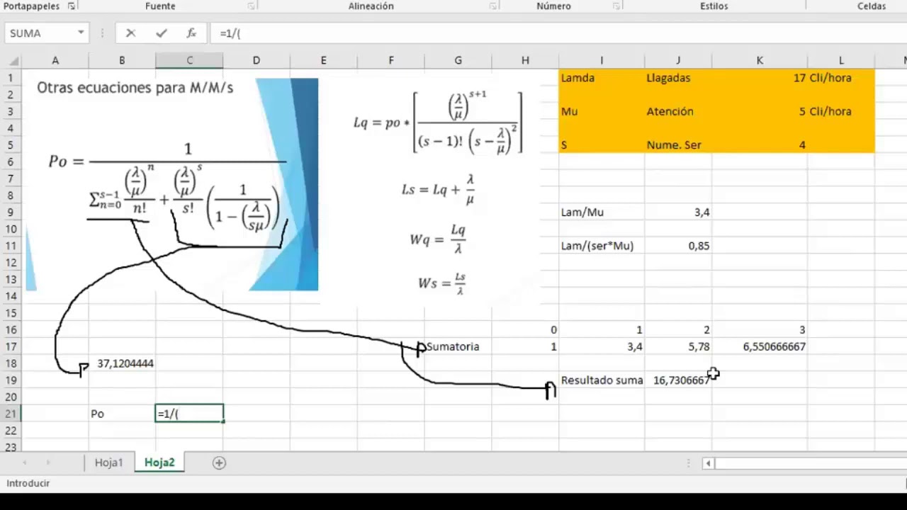Ejercicio de Líneas de espera, filas o colas MMs en Excel