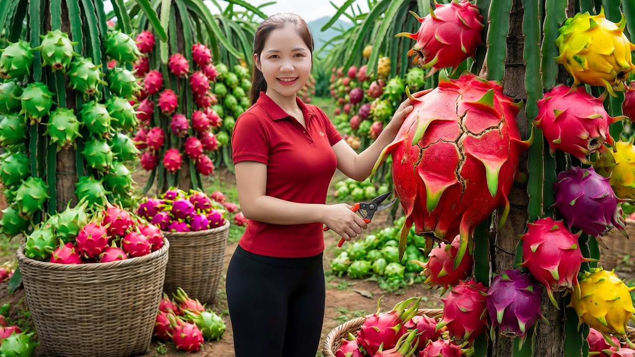 Harvesting 1000+ Dragon Fruits In Someone Else's Garden To Sell At Market,Tasting Dragon Fruit Bread