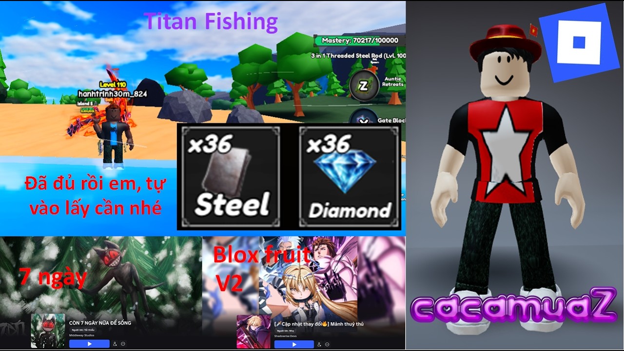Roblox game TITAN FISHING - Lấy cần đảo 7 cho e. Game kinh dị, sinh tồn. Blox fruit v2 #roblox