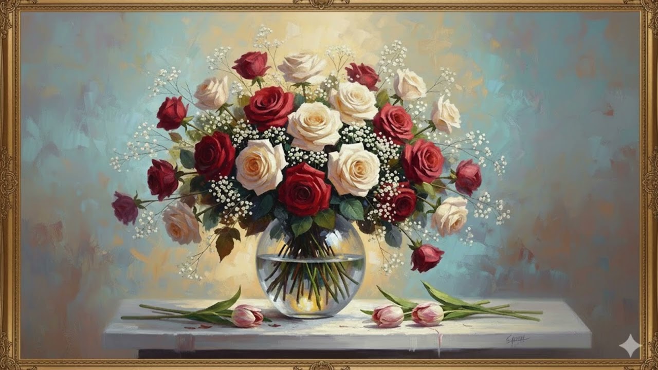 4K Frame TV Art:Classic Red & White Rose Bouquet Oil Painting | Elegant Floral Art TV Screensaver 🌹✨