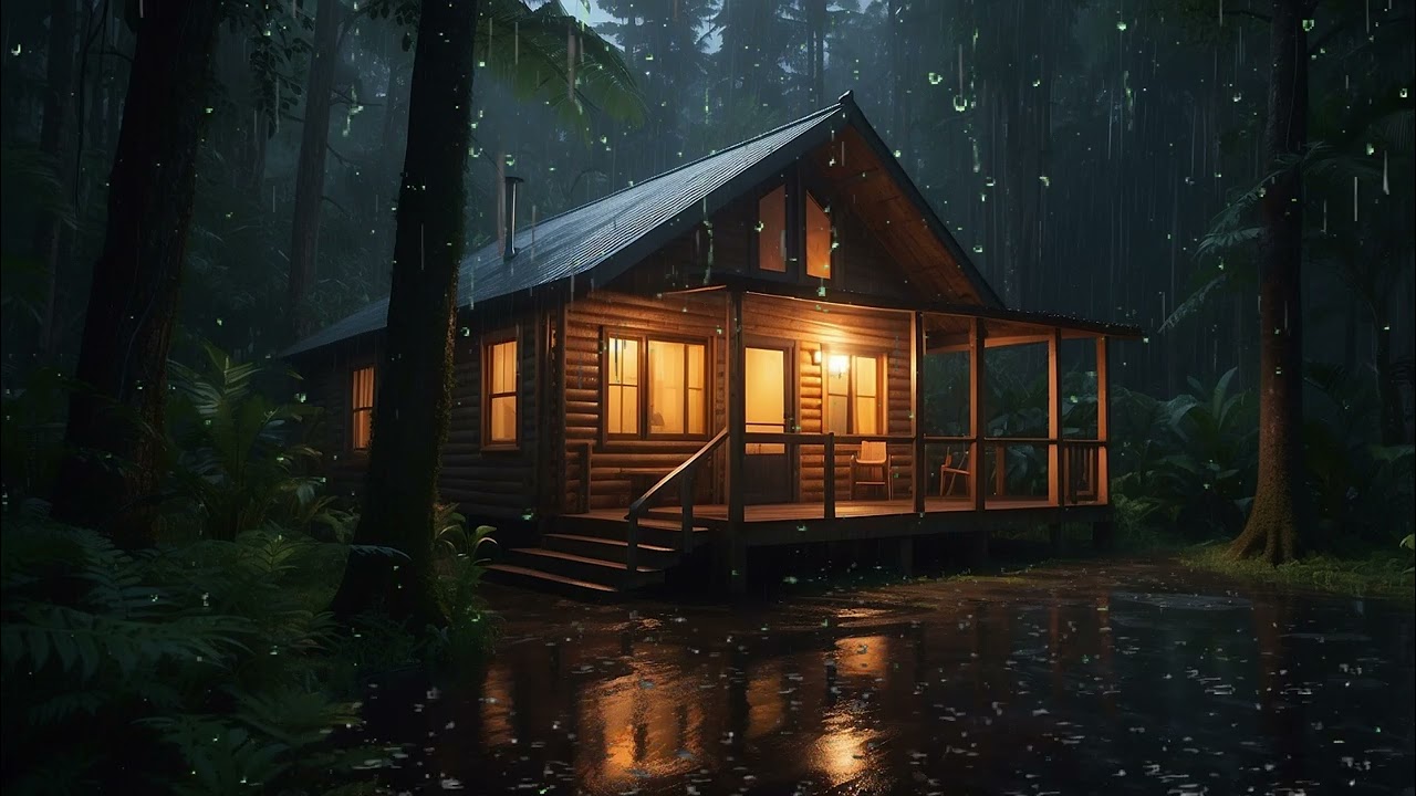 Cozy Wooden Cabin in Rainforest Night 🌙  Heavy Rain Sounds for Deep Sleep, Relaxation & Focus