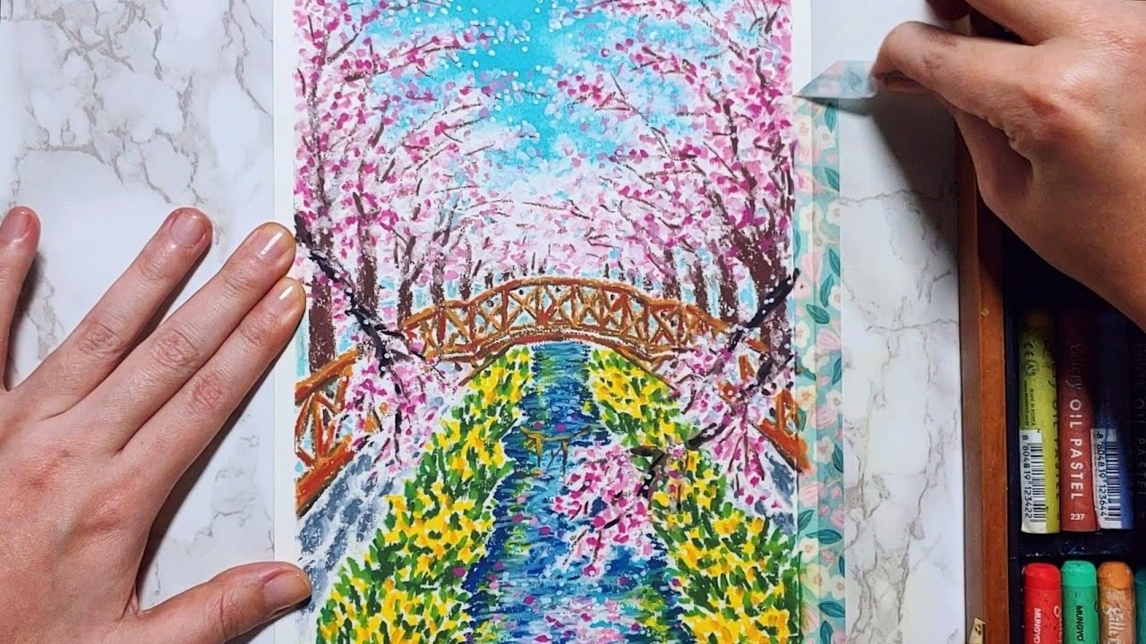 Oil Pastel landscape #41 / A Cherry Blossom Bridge _ Healing painting