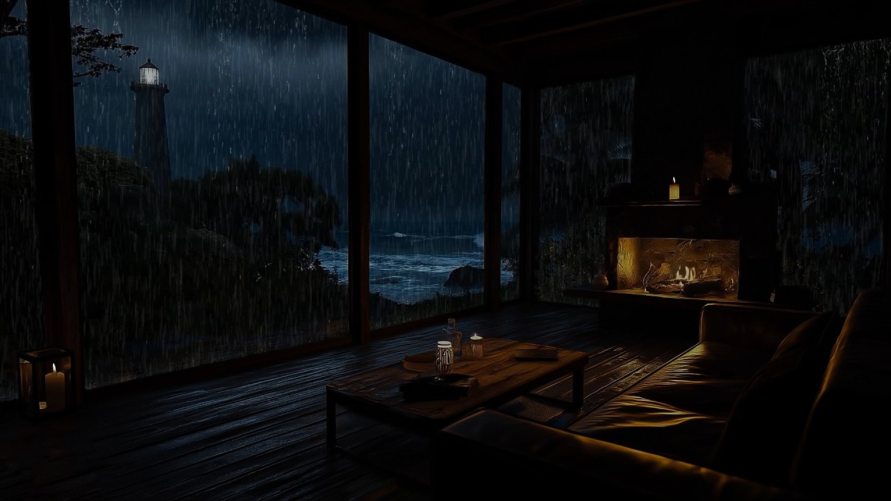 🌊🔥 Cozy Seaside Porch | Rain Sounds, Thunder & Crackling Fire | Deep Sleep Ambience (No Ads)