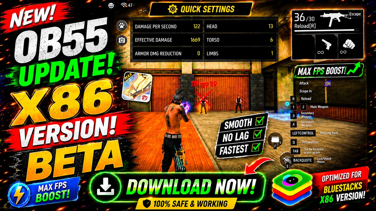Free Fire Max x86 OB55 APK Download | Beta X BlueStacks Latest Update 240+ FPS (2026)