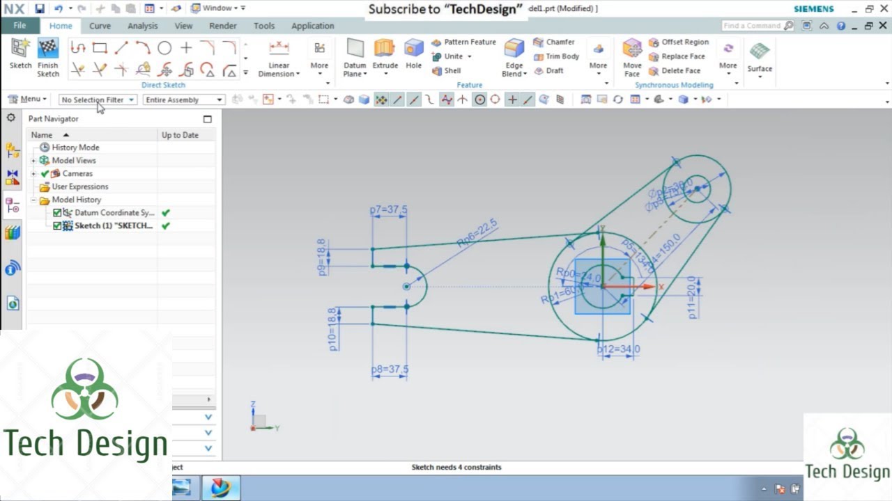 Unigraphics NX- Sketch Example 4 with constraints and Dimensioning for beginners