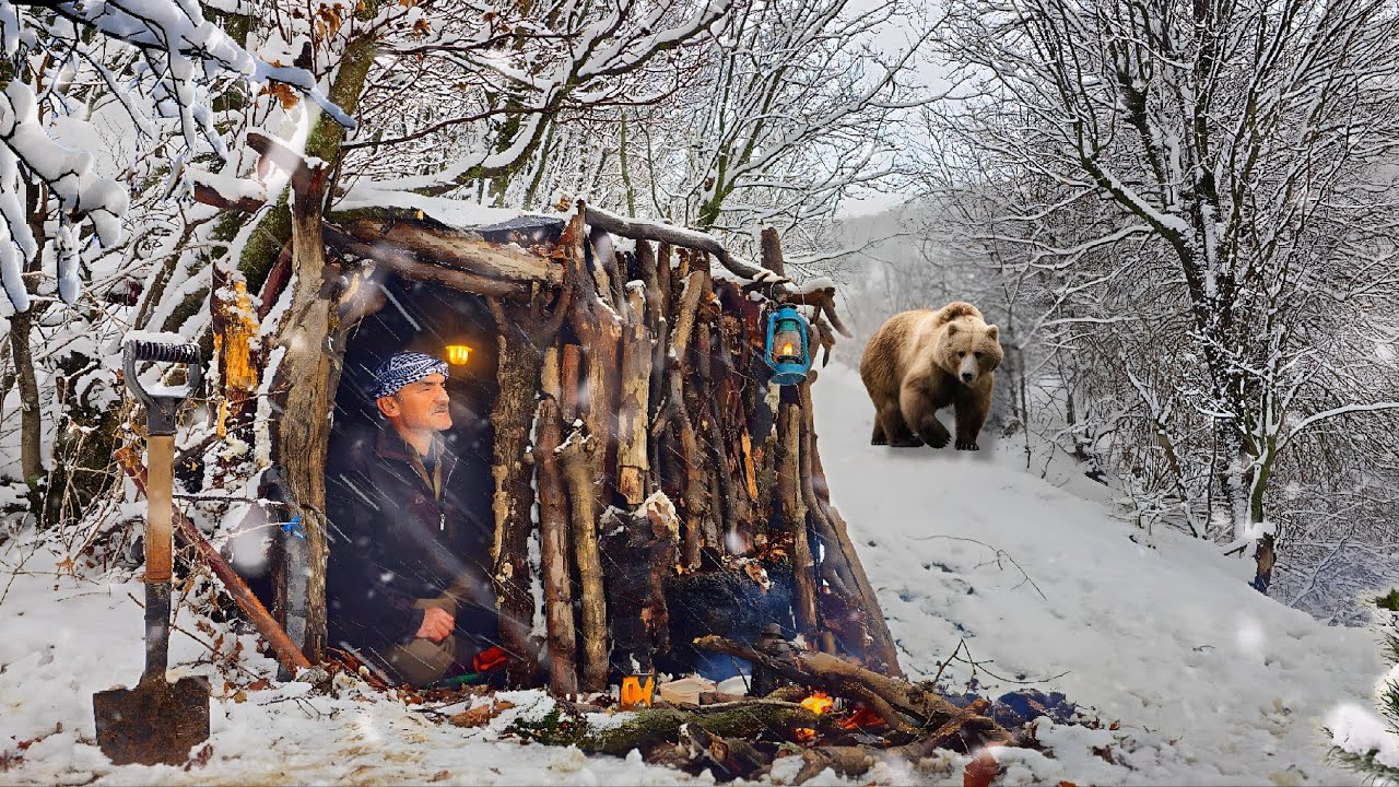 Winter Survival Camping in Heavy Snow | Building Shelter & Fire in the Wild | Survival skills.