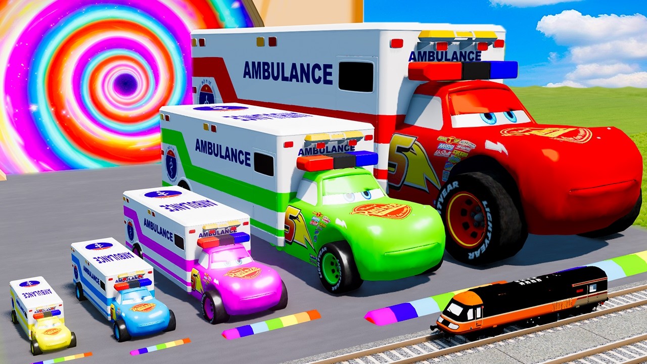 Big & Small Long Ambulance Mcqueen with Monster Truck wheels - Slide Color vs Stairs | BeamNG.Drive