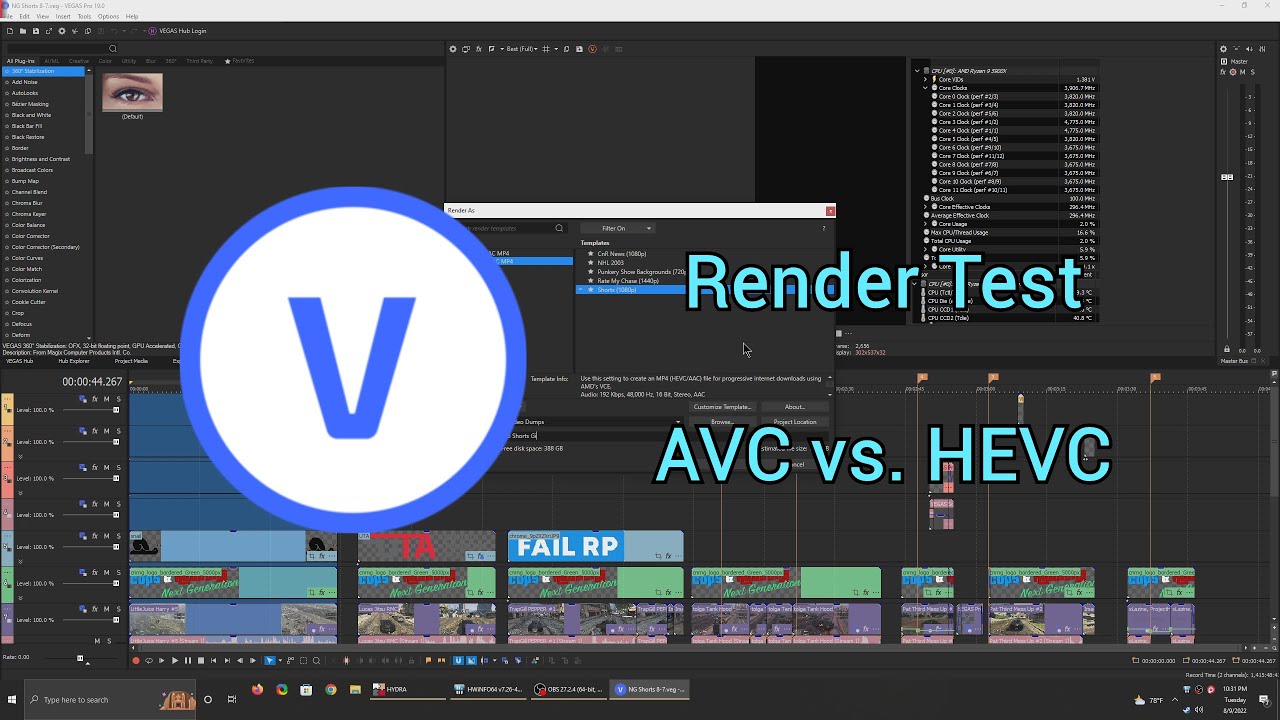 Short Render Test in Vegas Pro 19.0 - AVC vs. HEVC