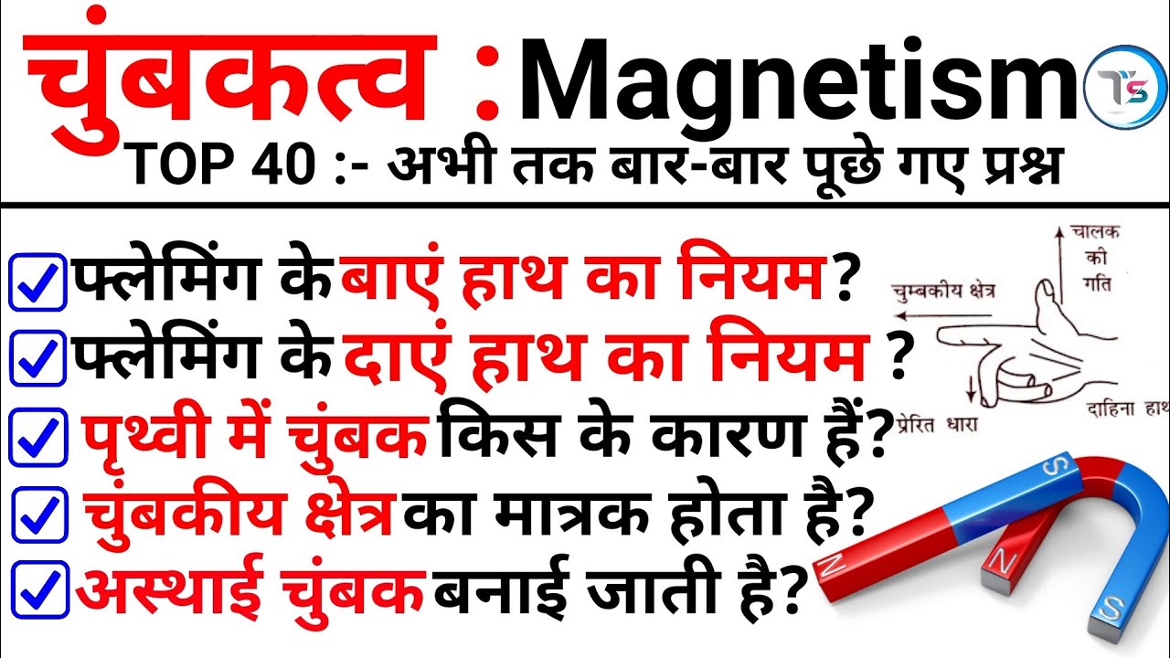 TOP 40 : चुंबक (Magnetism) 100% बार-बार पूछे जा रहे हैं || Topic Wise Science in Hindi | Science GK