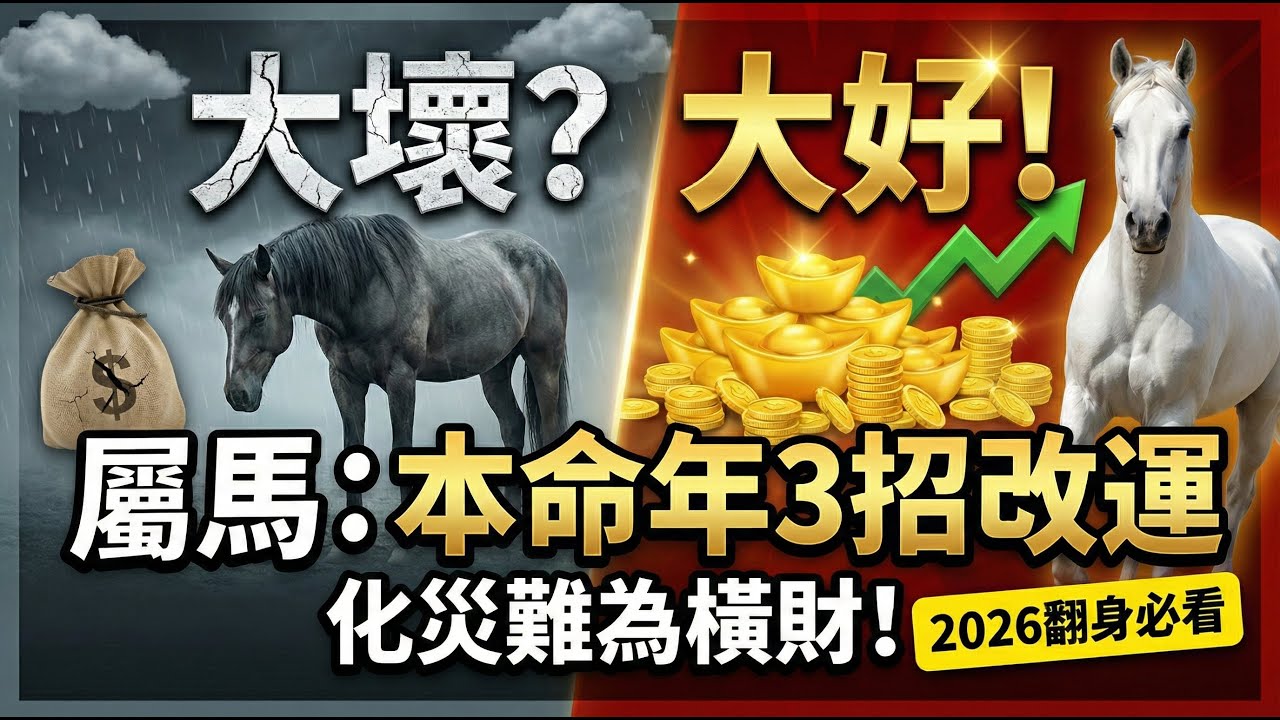 屬馬的人，2026年是「大好」還是「大壞」？做到這3點，本命年也能逆天改運，化災難為橫財！#2026生肖馬運勢 #屬馬2026運勢 #本命年 #生肖馬 #招財風水 #化太歲 #偏財運 #丙午馬年