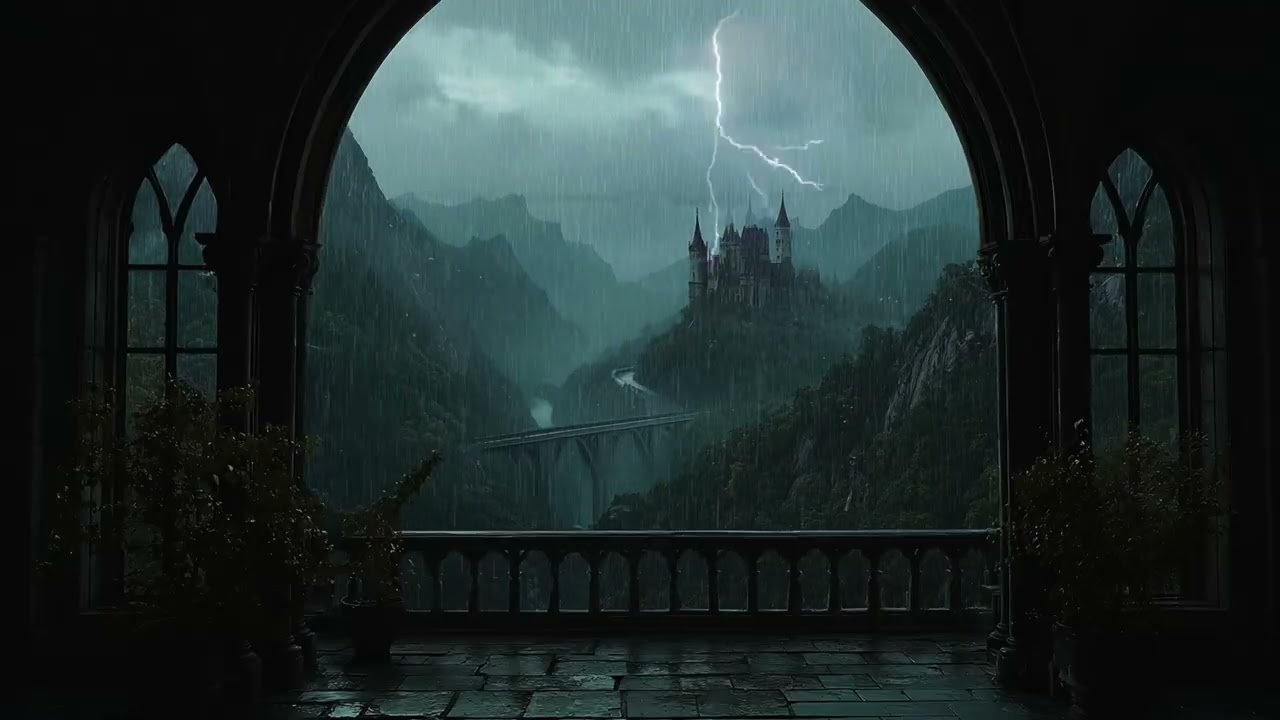 4K Rainy Medieval Castle Window View - Cozy Thunderstorm Sounds - Ambience for Relaxing & Deep Sleep