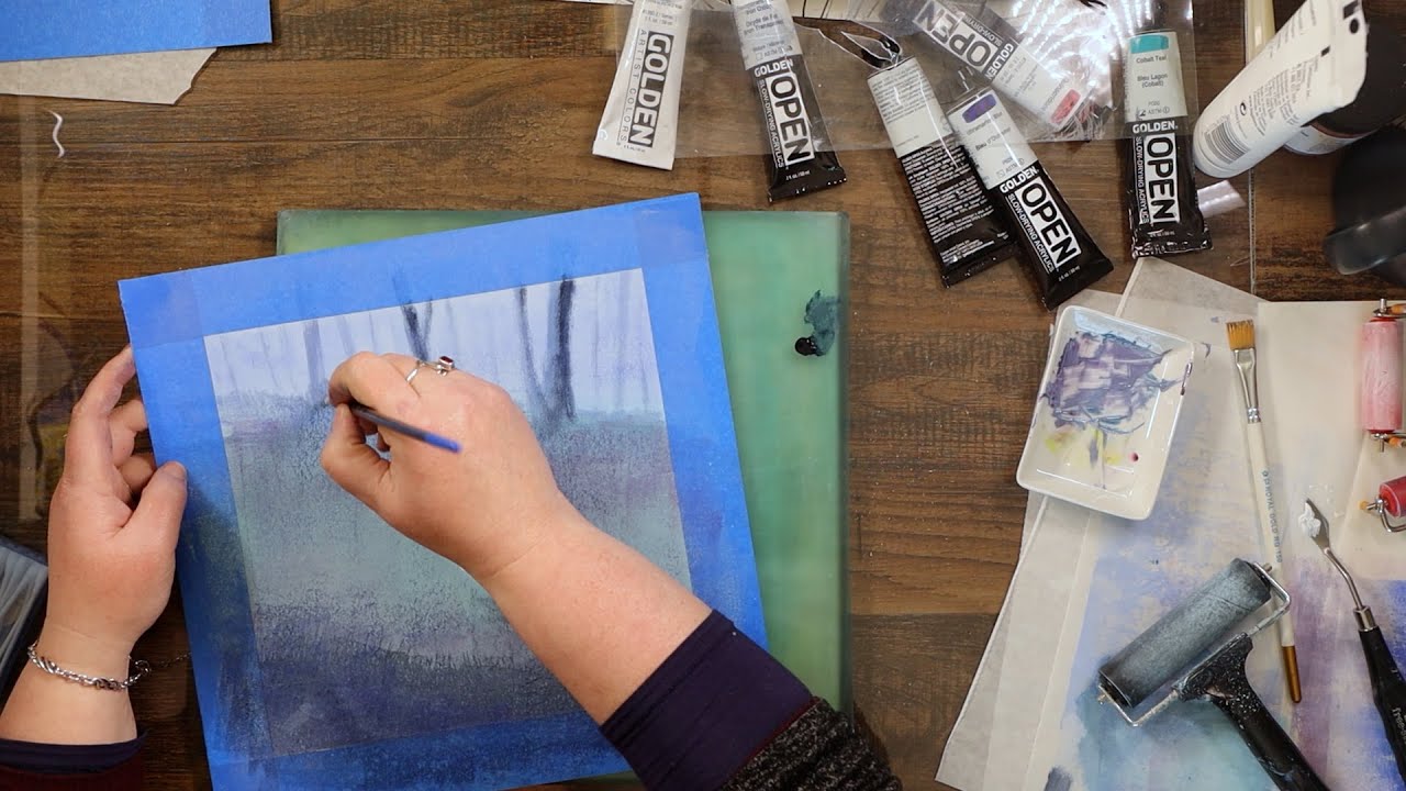 Abstract landscape using a gelli plate and a stencil - time lapse