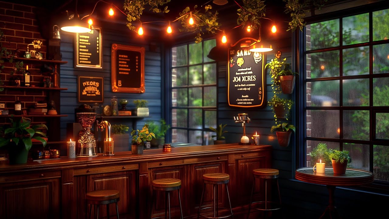 Rainy Night on Window at Coffee Shop Ambience with Slow Jazz Music for Work, Study and Relaxation
