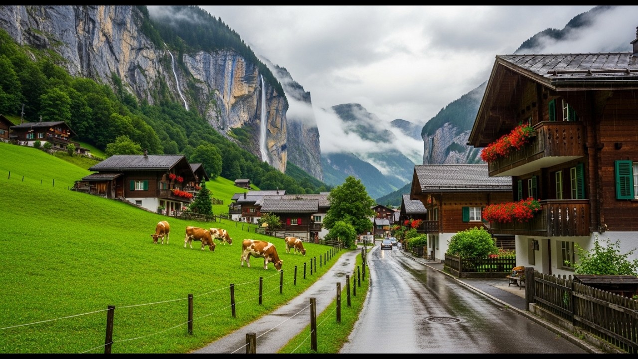 Swiss Village Walking in Heavy Rain 4K 🌧️ Calm Rain Sounds for Sleep & Study