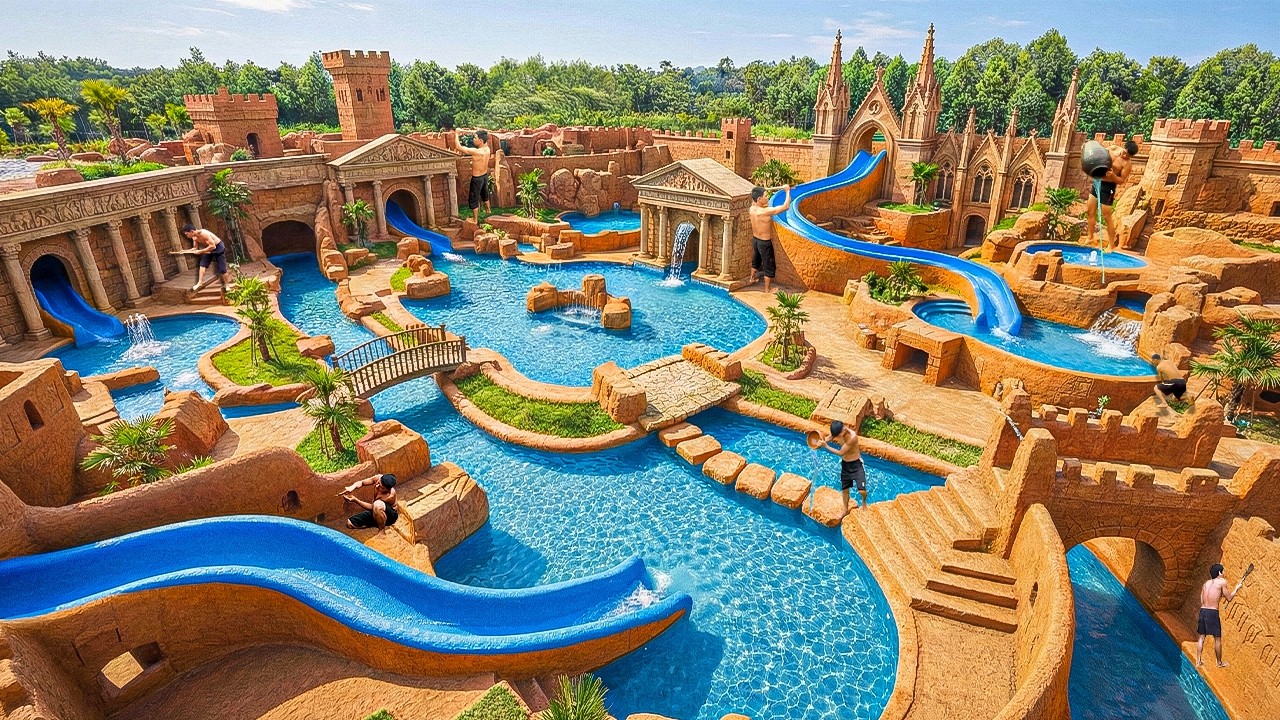 280 Days Building a Massive Desert Water Park with Curved Slides and Pools Using Primitive Tools