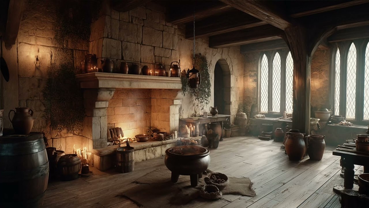 Medieval Vintner’s Kitchen Ambience | Fireplace, Mulled Wine & Village Sounds