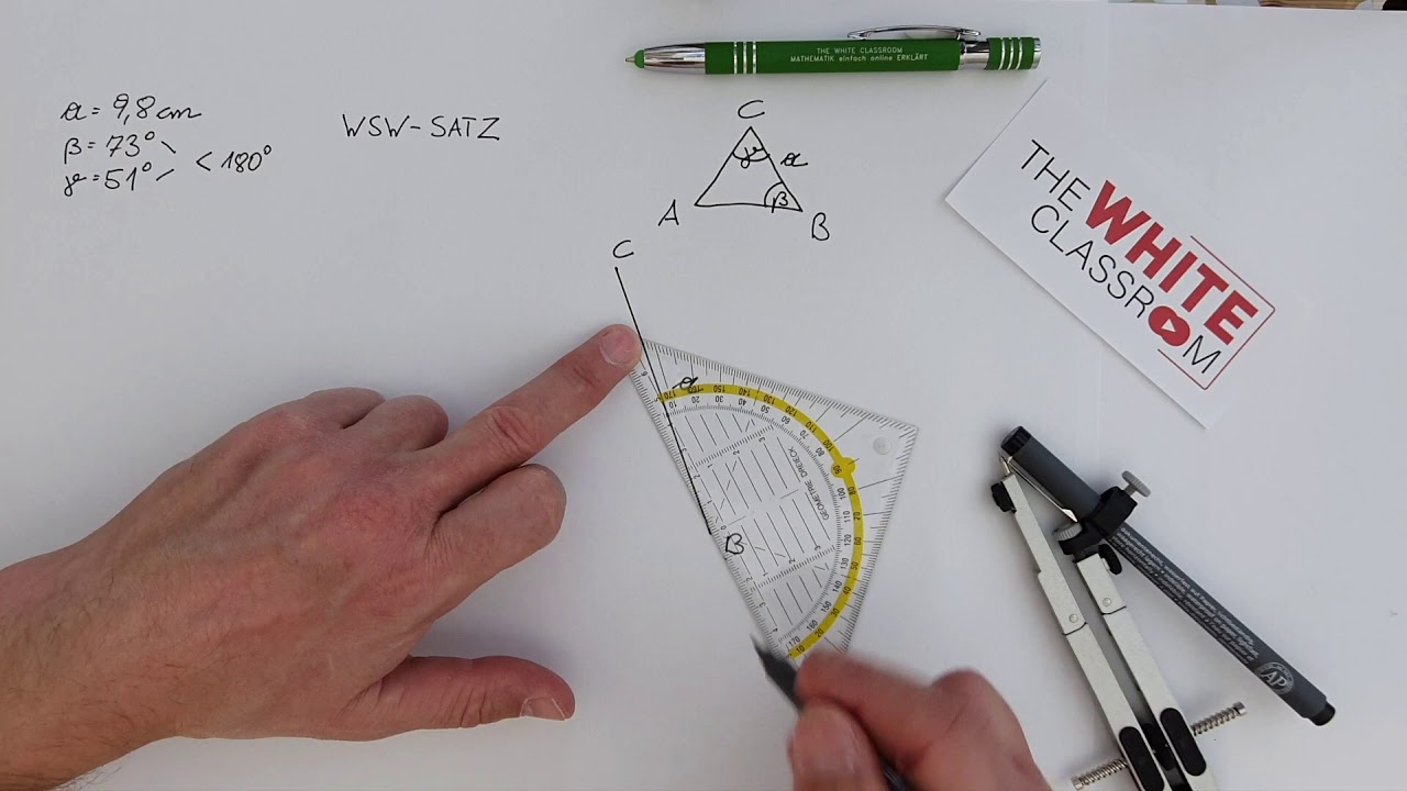KONGRUENZSATZ (WSW - SATZ / Winkel, Seite, Winkel) - a = 9,8 cm, β (beta) = 73°, γ (gamma) = 51°