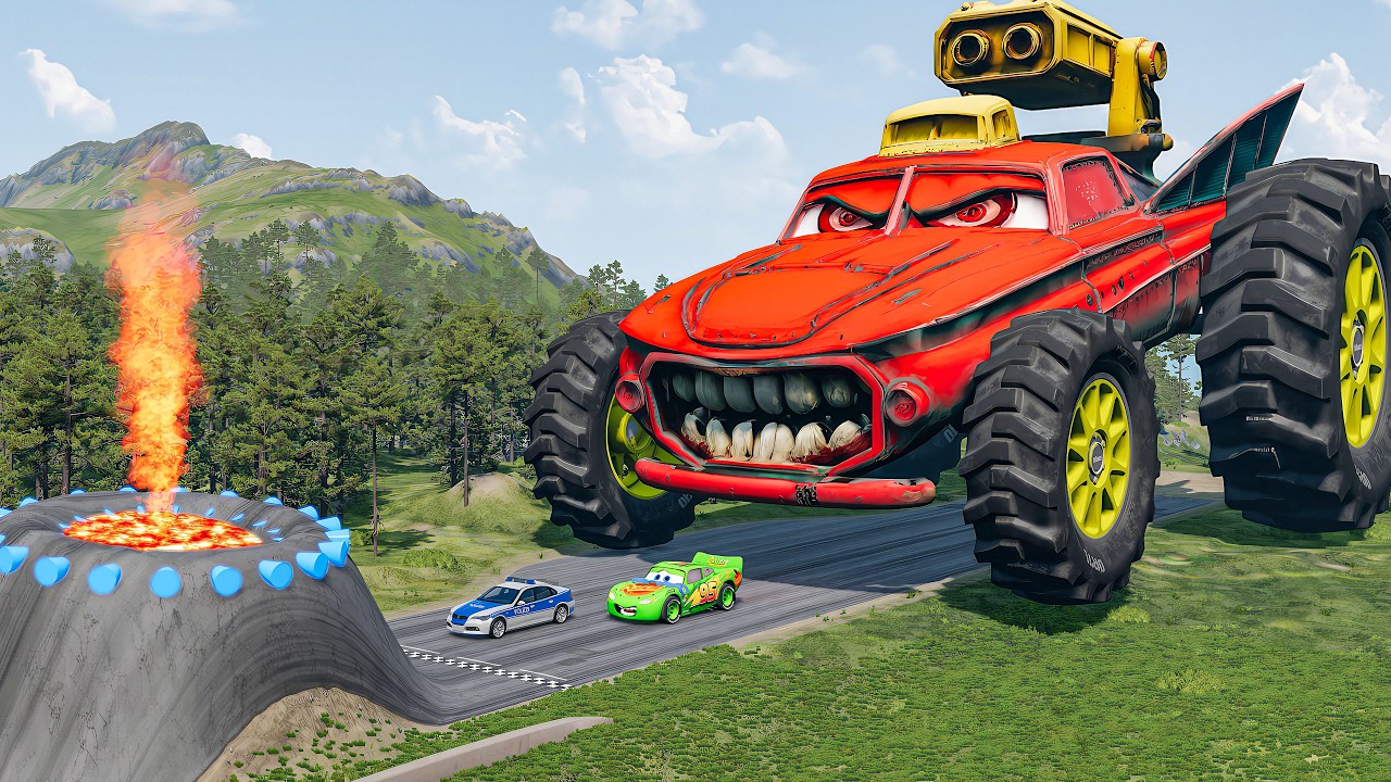Giant TANK TRUCK Eater VS Cars Lightning McQueen & Police Car & Giant Lava Pit - Beamng.Drive