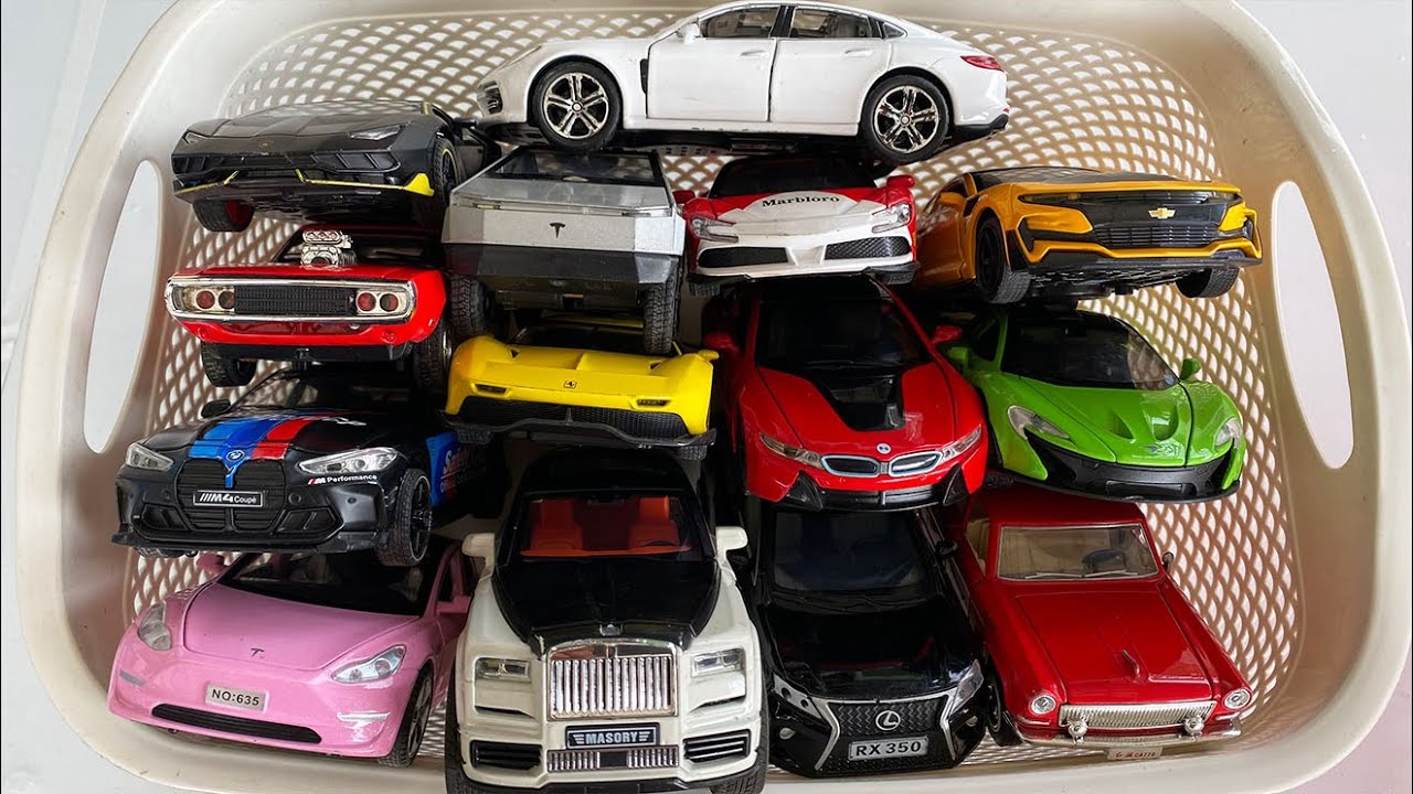 Box full of diecast Cars, Top toy Cars, Porsche, Camaro, Ferrari, Rolls Royce, Tesla