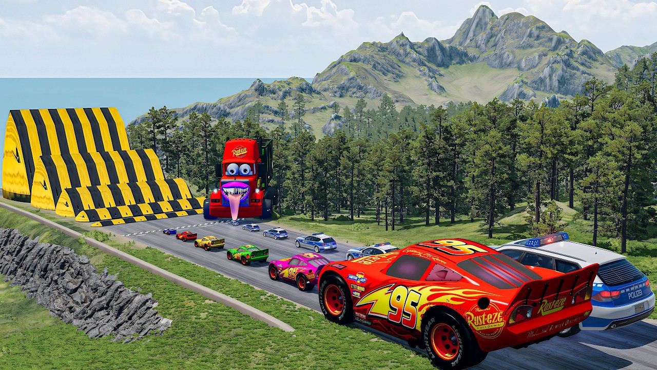 Big & Small McQueen & Police Car vs Zombie Mack, Giant Speed Bumps  Downhill Race – BeamNG.drive