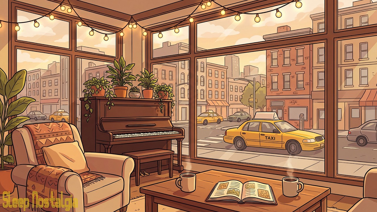 relaxing gentle cozy 1940s coffee shop ambience with soft oldies playing in another room