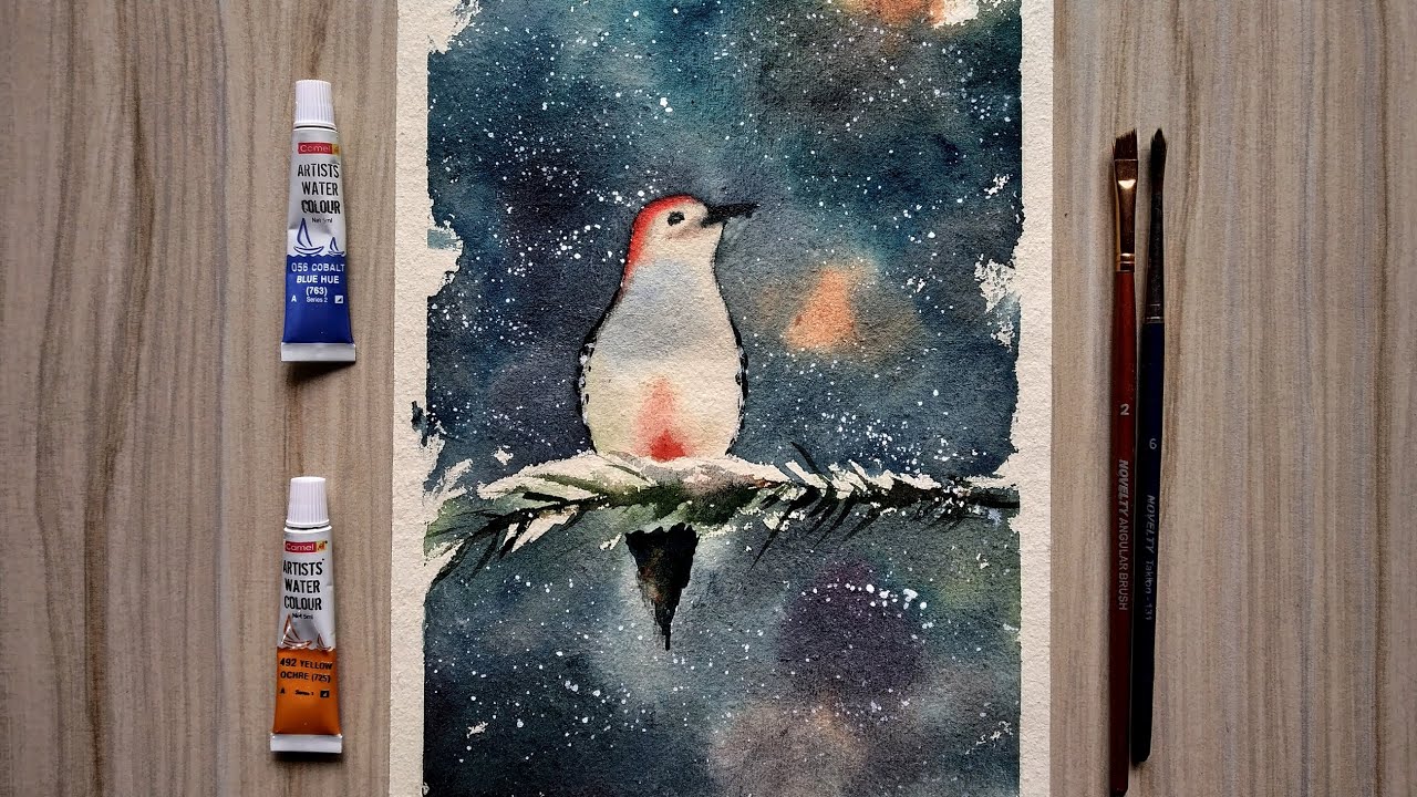 Bird in a Snow Painting with watercolor : Easy and Beautiful Snow Scene Painting