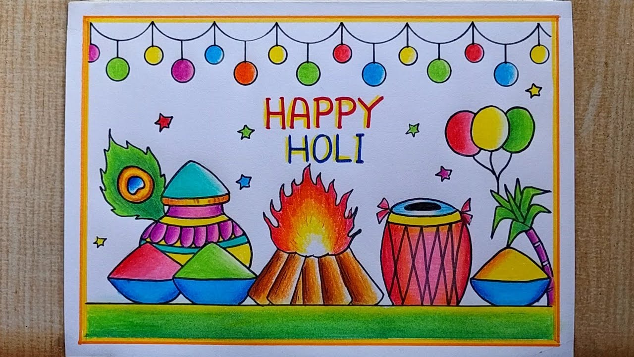 Holi drawing easy| Happy Holi poster drawing| Holi festival drawing| Holi special Card drawing