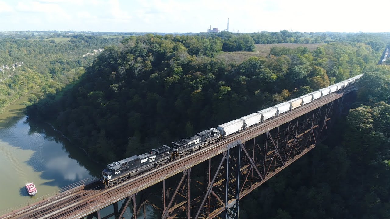 Drone View, High Bridge, KY River, two Trains, Dixie Belle Paddle Boat