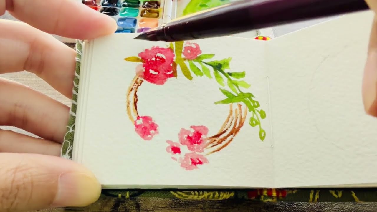 How to Paint Summer Wreath in 5 Minutes Tiny Watercolor迷你水彩Super Easy for Beginners#art #watercolor