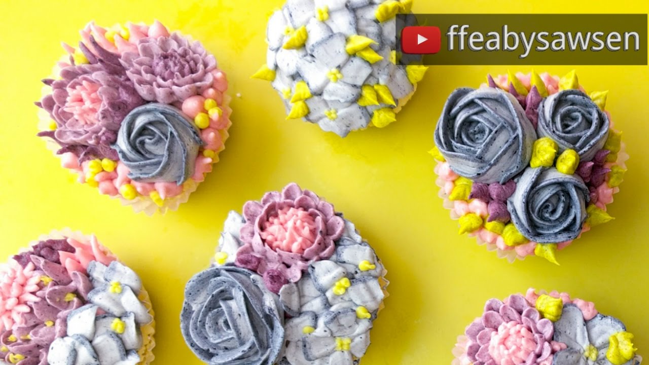 Beautiful bouquets 1/5: Buttercream flower garden cupcakes- natural colour- relaxing cake decorating