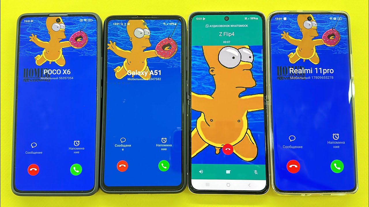 Incoming Call WhatsApp vs fake Calls Samsung Z Flip vs Poco X6 vs Galaxy A51 vs Realmi 11pro