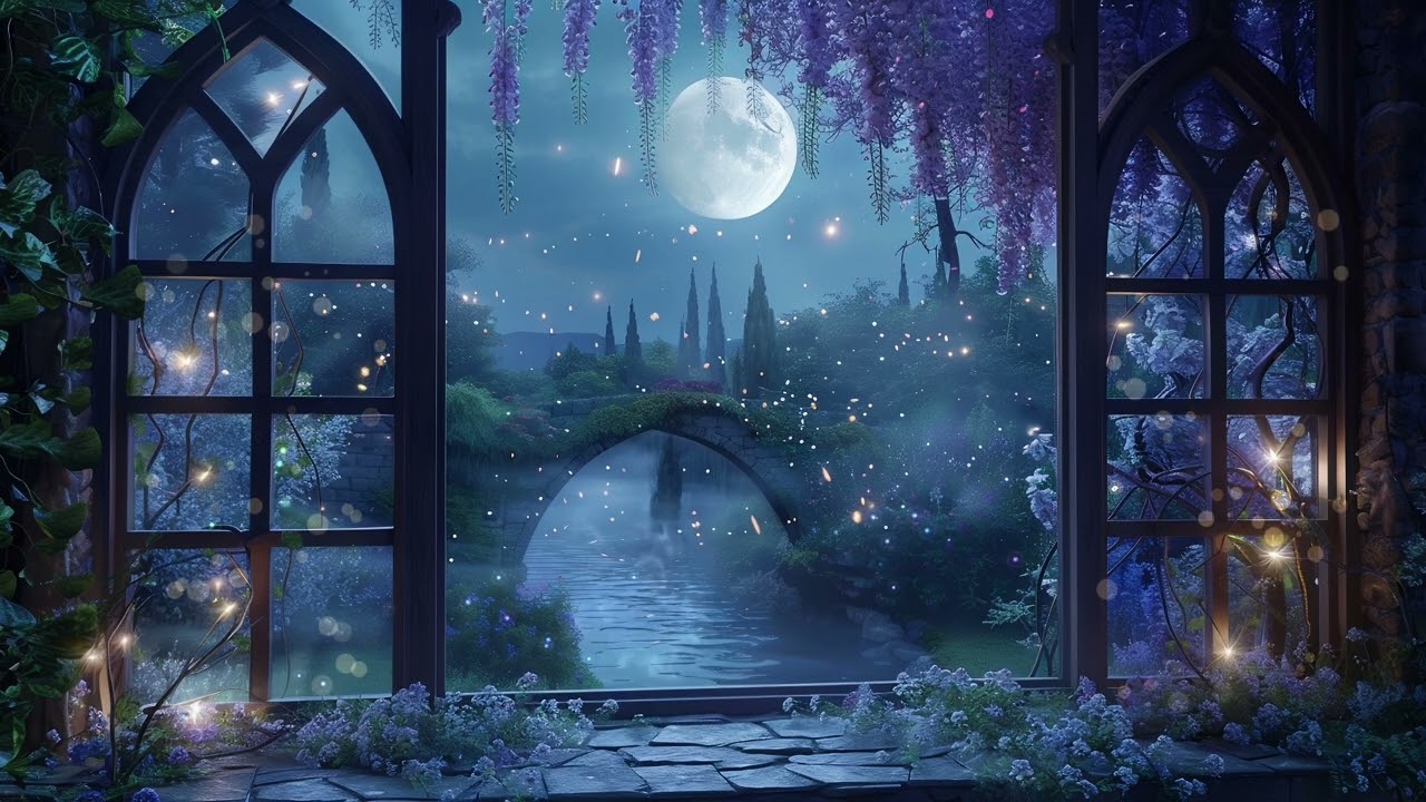 Magical Moonlit River View 🌙 | Relaxing Fake Window Ambience with Fireflies & Cherry Blossom Petals