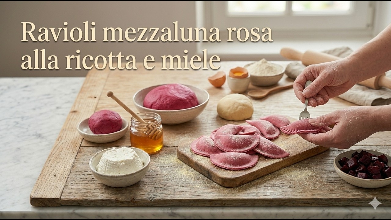 Ravioli mezzaluna rosa alla ricotta e miele
