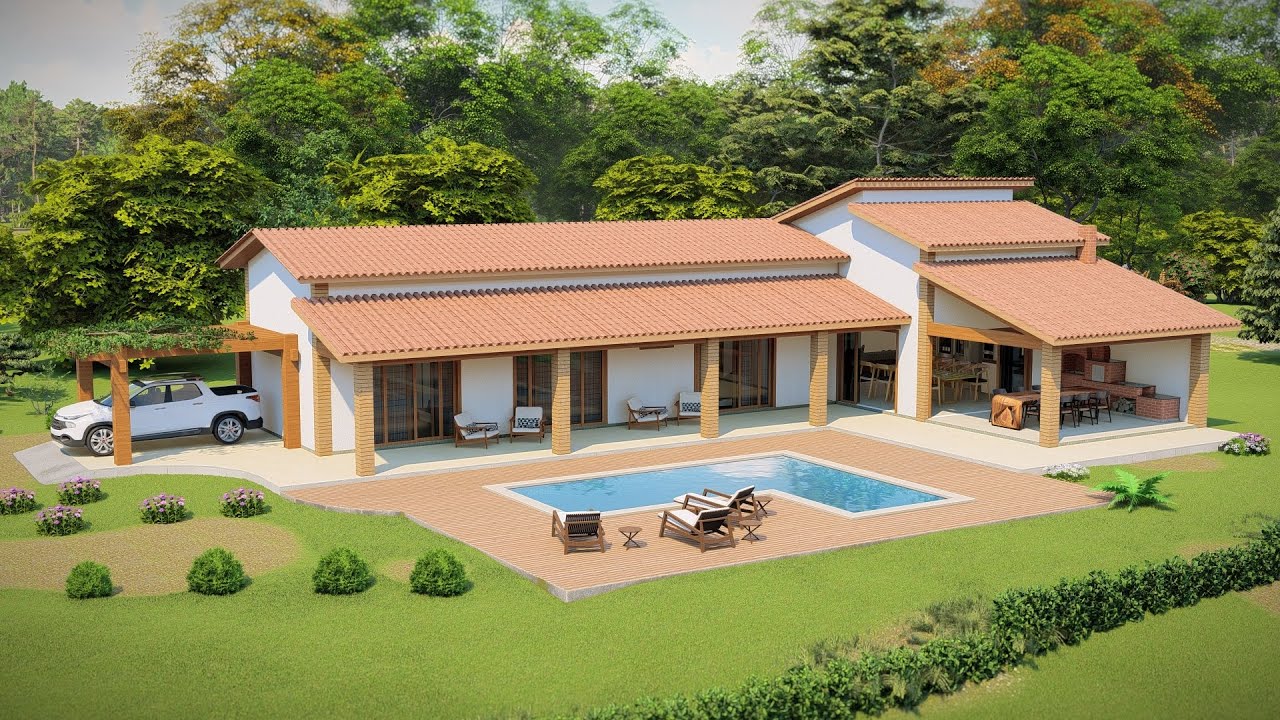 Casa de Campo em L com 3 quartos - Compre o Projeto na Descrição - P448