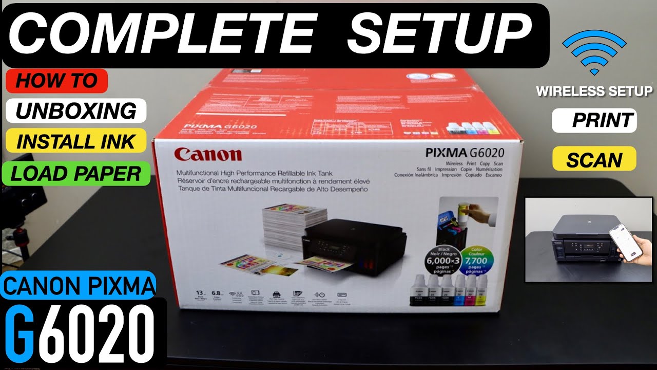 Canon Pixma G6020 Setup, Unboxing, Install Ink, Load Paper, Wireless Setup, Printing & Scanning.